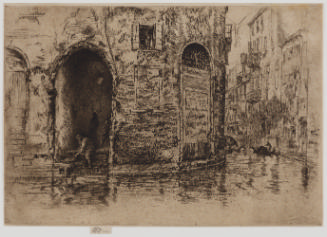 Dark brown etching of a man crouched over on stairs in a darkened doorway along a canal that cu…