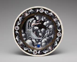 Black painted enamel dish with Jupiter on a chariot