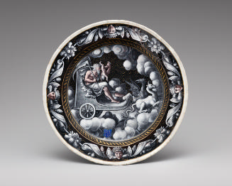 Black painted enamel dish depicting Saturn on a chariot