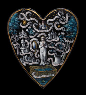 Small heart-shaped painted enamel plaque depicting the litanies of the Blessed Virgin