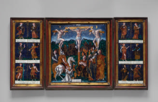 Painted enamel triptych depicting the crucifixion with Sibyls