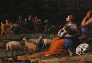 close-up of an oil painting of Christ preaching on a mountain surrounded by people and sheep