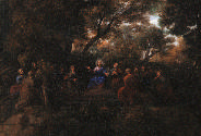 close-up of an oil painting of Christ preaching on a mountain surrounded by people and sheep