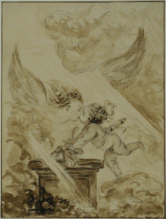 Brush drawing of Cupid kissing a winged woman above a plinth surrounded by clouds with rays of …