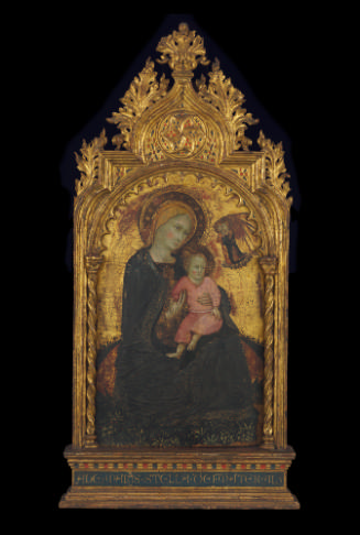 Framed tempera painting of the Madonna and Child against a gold background