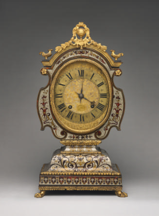 Front view of Tête de Poupée Clock inlaid with a lavish Boulle marquetry of tortoiseshell, pewt…