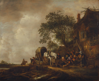 Oil painting of figures and horse outside of house