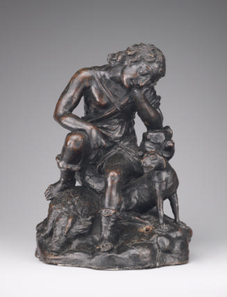 Bronze sculpture of Meleager.  He is seated, his head is resting on his left hand. There is a d…
