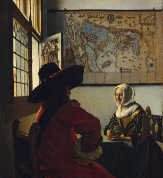 Oil painting of a woman and man sitting at a table near a window
