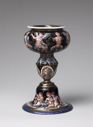 View of an polychrome enameled saltcellar in the shape of a cup with Amorini and Satyrs