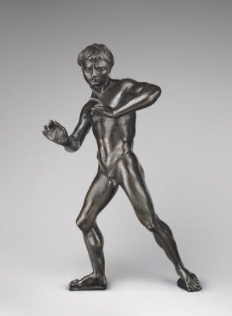 Bronze sculpture of a satyr with two hands up as if holding a flute that's no longer there