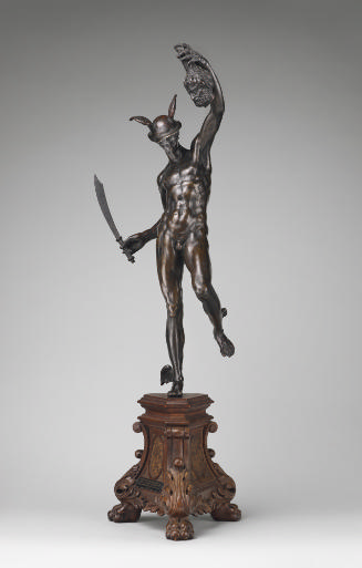 A bronze sculpture of a nude Mercury with the head of Argus.  Mercury is standing upright, his …