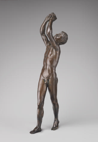 Bronze sculpture of a faun with arms raised playing the flute, which is no longer part of the p…