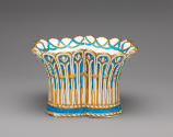 Alternate view of porcelain basket-shaped dish in blue, white, and gold