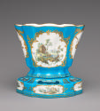 Alternate view of porcelain fan-shaped dish with stand in blue and gold