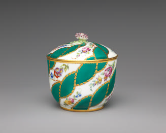 Porcelain sugar bowl in green, white, and gold