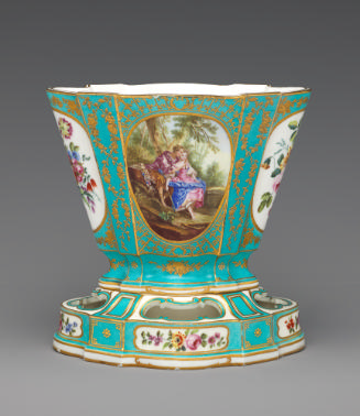 Fan-Shaped porcelain vase and stand with shepherd scene, Turquoise Blue Ground