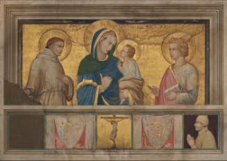 Painting of Madonna and Child standing in between two saints