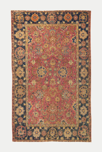 Dark red and dark blue rectangular Persian rug with floral design