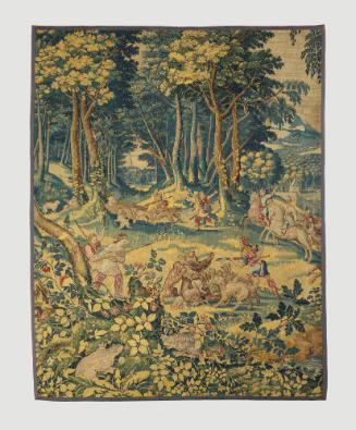 Woven tapestry depicting bear hunt in wooded landscape