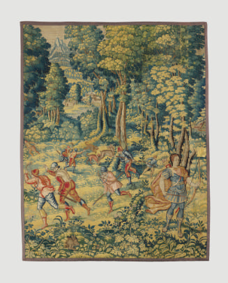 Woven tapestry depicting deer hunt in wooded landscape