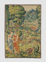 Woven tapestry depicting deer hunt in wooded landscape with mythological figure