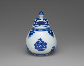Blue and white porcelain covered jar with plant design