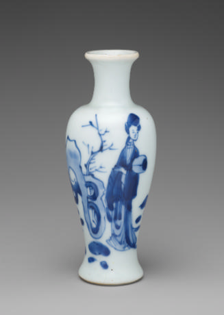 White hard-paste porcelain baluster vase with underglaze blue figural decoration