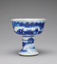 Alternate view of white hard-paste porcelain stem cup with underglaze blue decoration
