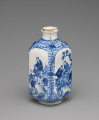 White and blue soft-paste porcelain vase with figural decoration