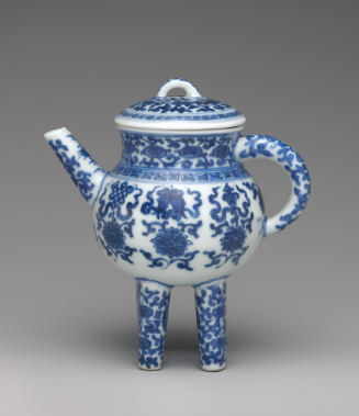 White hard-paste four-legged vessel with spout and handle and underglaze blue decoration