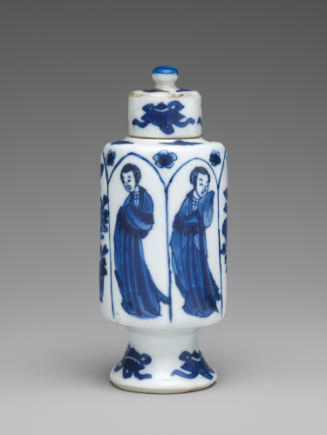 White hard-paste porcelain vase with cap-shaped cover and underglaze blue decoration