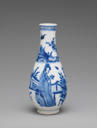 Blue and white porcelain vase depicting flowers and standing figures
