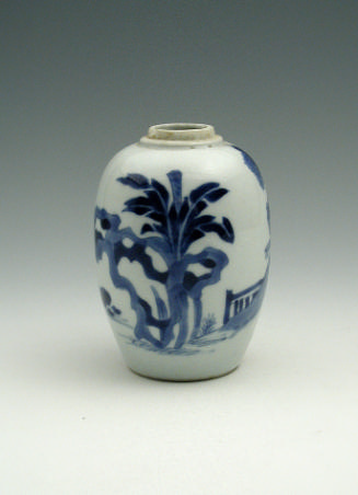 White hard-paste porcelain small jar with underglaze blue figural and landscape decoration