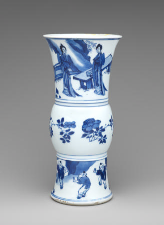 Blue and white porcelain beaker vase depicting figures in a landscape