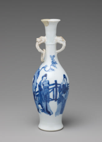 Blue and white porcelain bottle-shaped vase with handles decorated with figures in a landscape