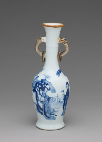 White hard-paste porcelain bottle-shaped vase with handles and underglaze blue figural decorati…