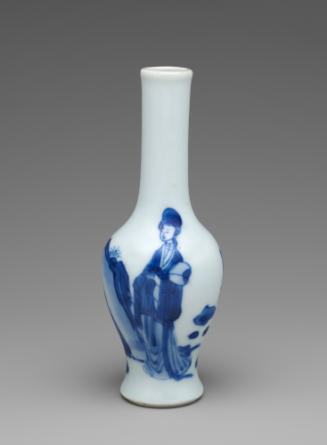 White hard-paste porcelain bottle-shaped vase with underglaze blue figural decoration