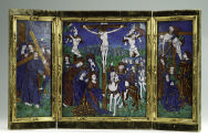 Front view of enameled polychrome Triptych showing its frame of gilt copper