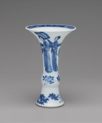 White hard-paste porcelain beaker vase with underglaze blue figural decoration