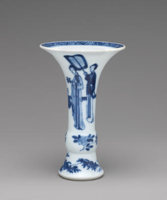 White hard-paste porcelain beaker vase with underglaze blue figural decoration