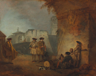 Oil painting of soldiers at rest outside fortifications