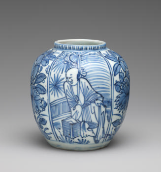 Blue and white porcelain melon shaped jar with seated male figure