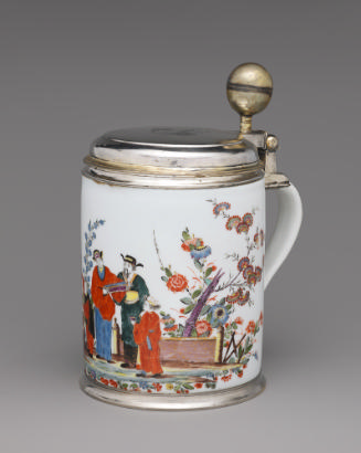 Tankard with figures painted and a silver gilt top