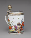 Alternate view of tankard with figures painted and a silver gilt top