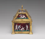 Side view of enameled and gilt copper Casket with scenes depicting Putti and Mottoes of Courtly…