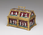Front view of enameled and gilt copper Casket with scenes depicting Putti and Mottoes of Courtl…