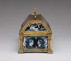 Side view of gilt bronze and enamel Casket with Heads of the Caesars within Wreaths
