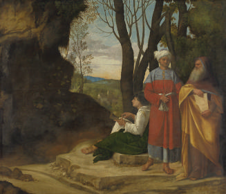 Oil painting of three robed men, one seated and two standing, in a landscape.