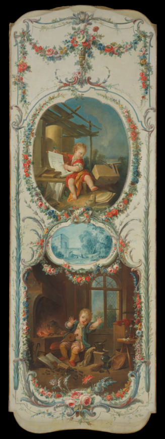 oil painting of two scenes surrounded by a decorative border - one scene depicts a child surrou…